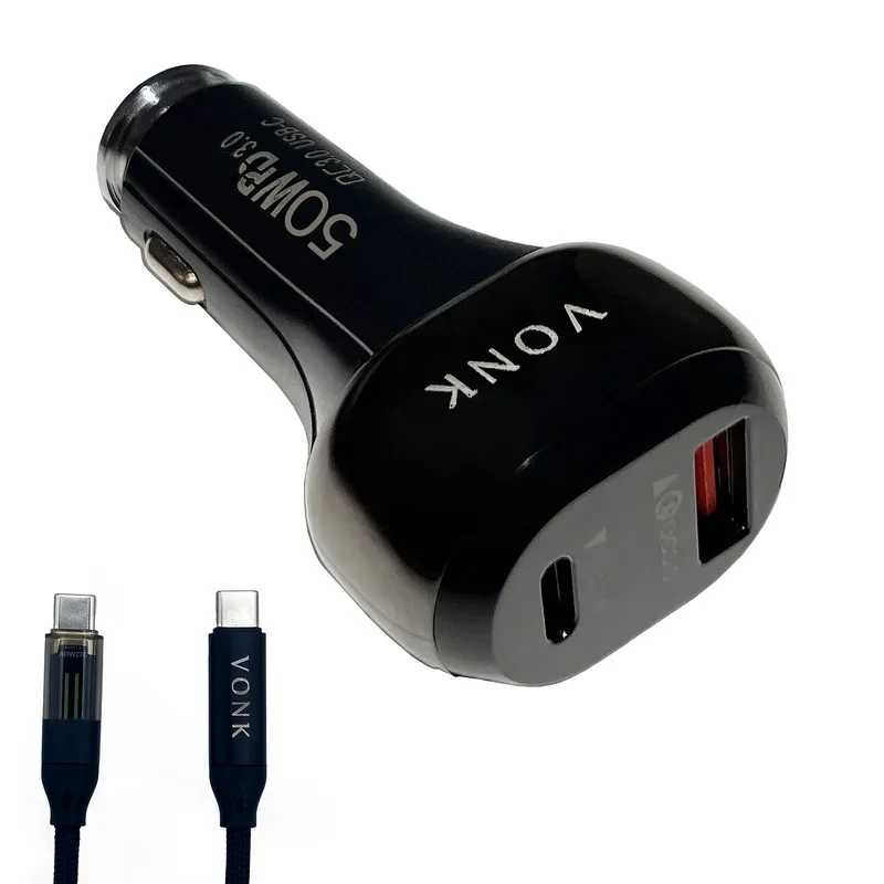 شارژر فندکی 50 وات دو پورت وونک مدل VC--50 به همراه کابل USB-C