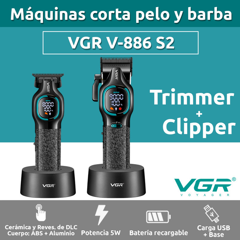ماشین اصلاح موی سر و صورت شارژی وی جی ار مدل V-886 S2 مجموعه 2 عددی