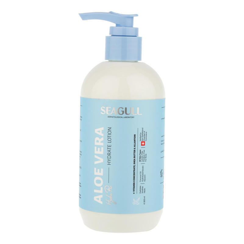 لوسیون بدن مرطوب‌کننده سی‌گل مدل Aloe-Vera حجم 300 میلی‌لیتر با عصاره آلوئه‌ورا، روغن نارگیل و ویتامین E، فاقد پارابن، ضد خشکی و مناسب پوست‌های خشک و معمولی