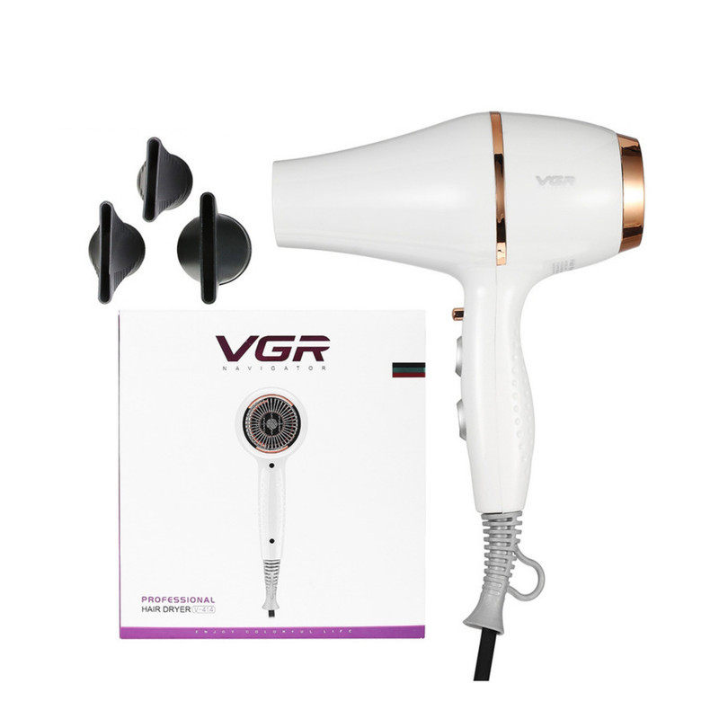 سشوار حرفه‌ای 2200 وات وی جی ار مدل V-414، موتور AC، وزن 802 گرم، المنت سرامیک تورمالین، دارای سری متمرکز‌کننده باریک، متمرکز‌کننده پهن با ویژگی صاف‌کنندگی، حجم‌دهندگی، با قابلیت تنظیم دما، فناوری تولید یون