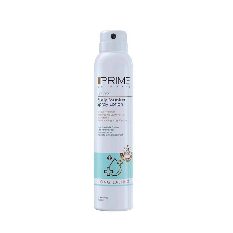 اسپری لوسیون آبرسان بدن پرایم مدل Long Lasting حجم 200 میلی‌لیتر با ماندگاری 24 ساعته، بافت غیرچرب، حاوی آلوئه ورا، عصاره شیر، سدیم هیالورونات و روغن نارگیل، نرم‌کننده و رفع خشکی پوست برای انواع پوست