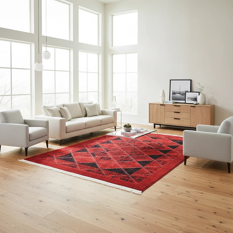 فرش ماشینی 400 شانه دنیای فرش زمینه قرمز لاکی حاشیه قرمز مدل آنام کد 500