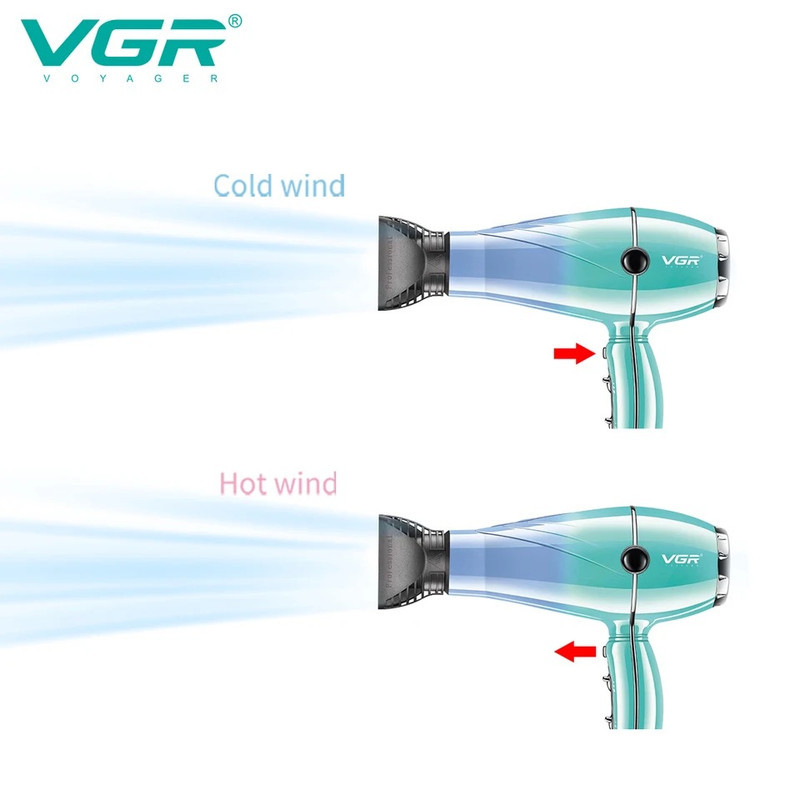 سشوار حرفه‌ای 2000 وات وی جی ار مدل V-452، موتور AC، وزن 900 گرم، دارای سری متمرکز‌کننده باریک با ویژگی صاف‌کنندگی، حجم‌دهندگی، با قابلیت باد سرد