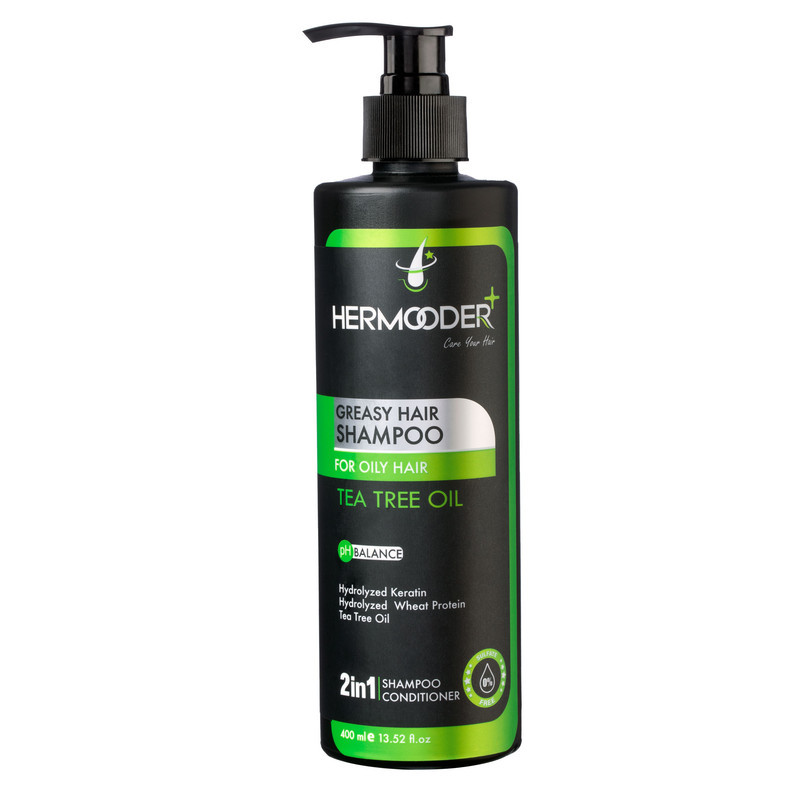 شامپو مو هرمودر مدل TEA TREE OIL مناسب برای موهای چرب حجم 400 میلی لیتر