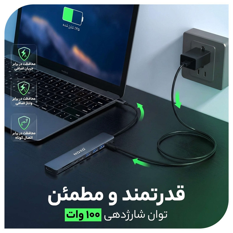 هاب 9 پورت USB-C نوکسو مدل HUB-N1 9in1 با پشتیبانی شارژ PD 100 وات، HDMI 4K، USB 3.0 و کارت‌خوان SDTF