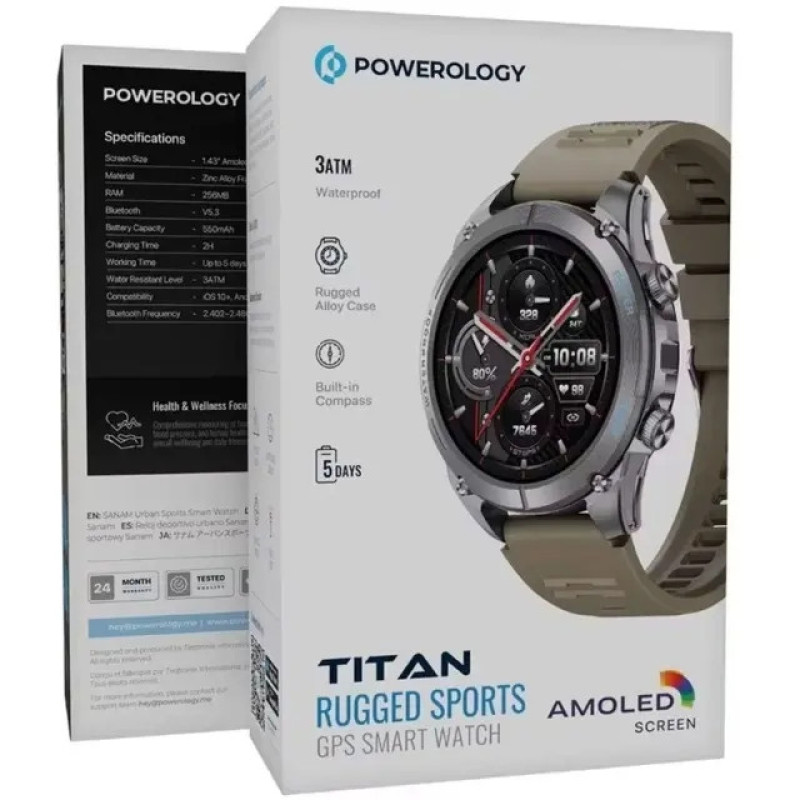 ساعت هوشمند 1.43 اینچی پاورولوجی مدل Titan Rugged Sport با بند سیلکونی