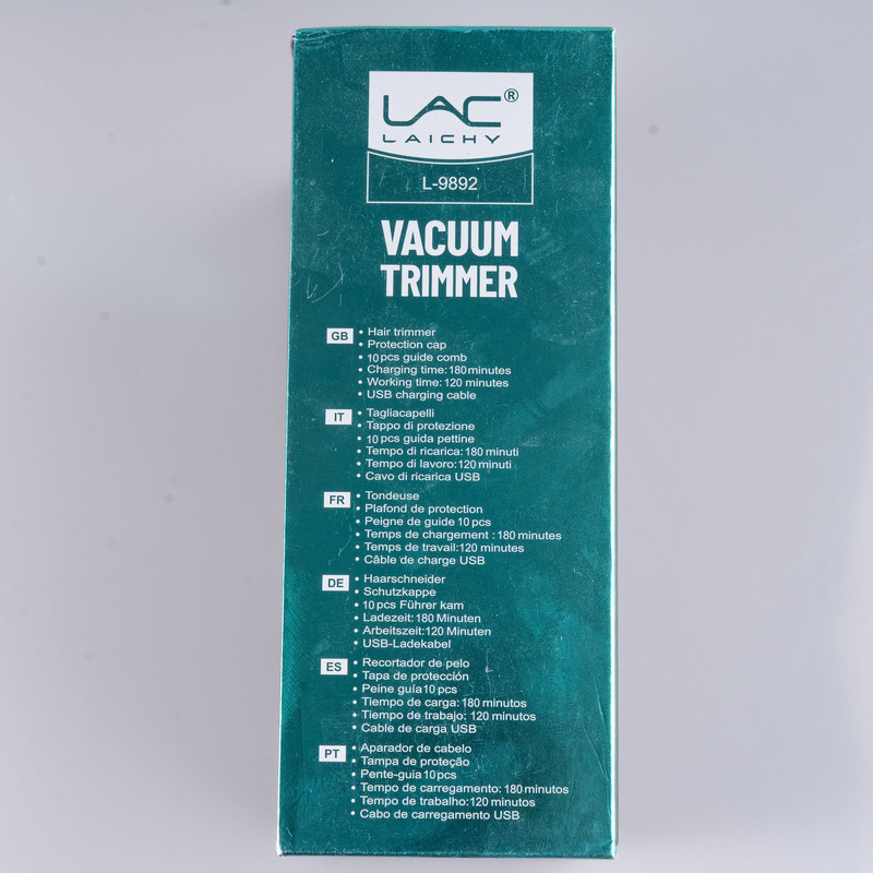 ماشین اصلاح موی صورت شارژی لاک لایچی مدل L-9892 با سیستم وکیوم جمع‌آوری مو، دو سرعت قابل تنظیم، تیغه استیل ضد زنگ، ضد آب با استاندارد IPX6، شانه قابل تنظیم 1 تا 20 میلی‌متر، باتری 1400 میلی‌آمپر ساعت با شارژ USB و قفل سفری