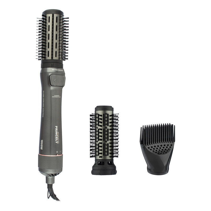 سشوار برس‌دار چرخشی 240 وات پرنسلی مدل PR312AT، موتور DC، وزن 1430 گرم، دارای سری شانه‌دار، سری برس‌دار گرد پهن، سری چرخشی، کیف نگه‌دارنده، سری دندانه‌دار با ویژگی فرکنندگی، صاف‌کنندگی، حجم‌دهندگی