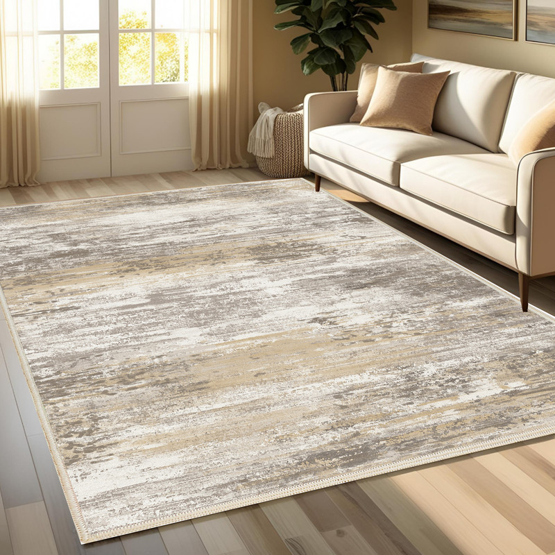 فرش ماشینی 1000 شانه زمینه کرم حاشیه قهوه ای مدل چاپ نانو بدون پرز طرح مینیمال دلنو کد OR.1122.07