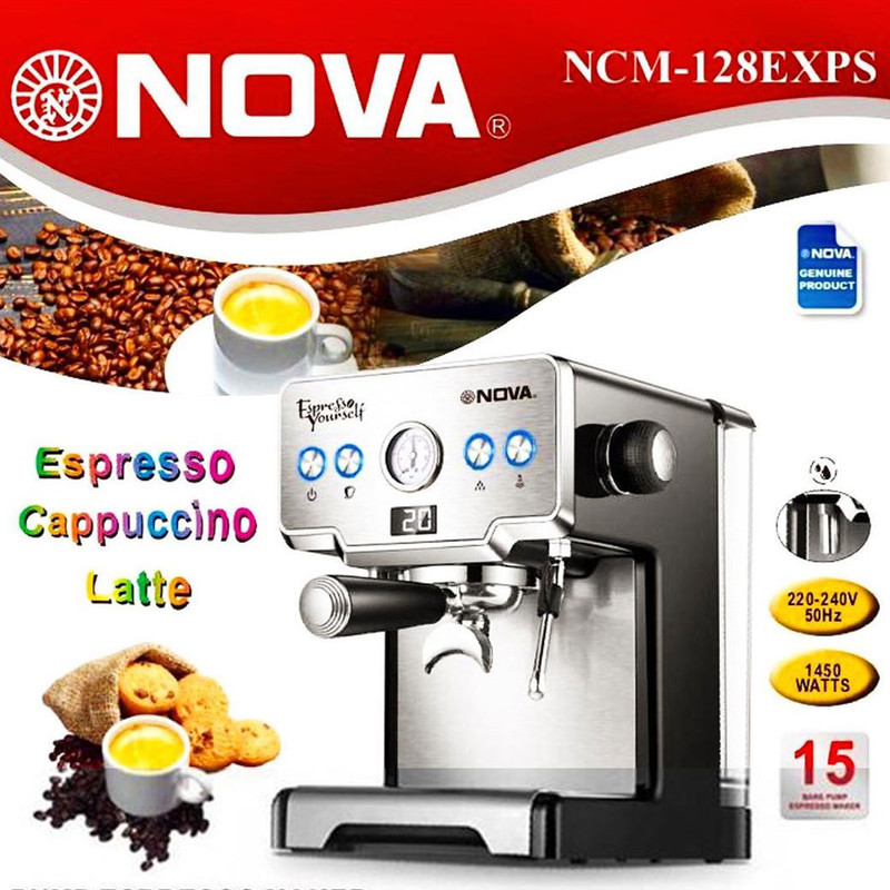 اسپرسوساز 1700 میلی‌لیتری نوا مدل NOVA NCM-128EXPS، مناسب تهیه اسپرسو، کافه لاته، موکا، کاپوچینو و ماکیاتو، دارای 1 عدد نازل قهوه، سیستم گرم کردن فنجان