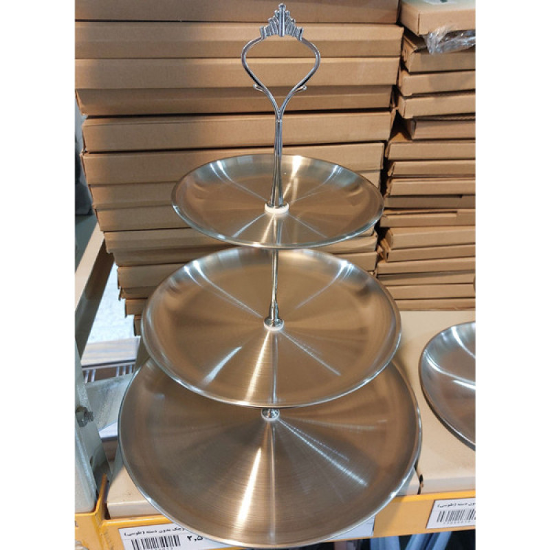 شیرینی‌خوری 3 طبقه مدل DH3 استیل دایره‌ای با قطر 14، 20، 26 سانتی‌متر مناسب شستشو با دست و ماشین ظرفشویی دارای جعبه