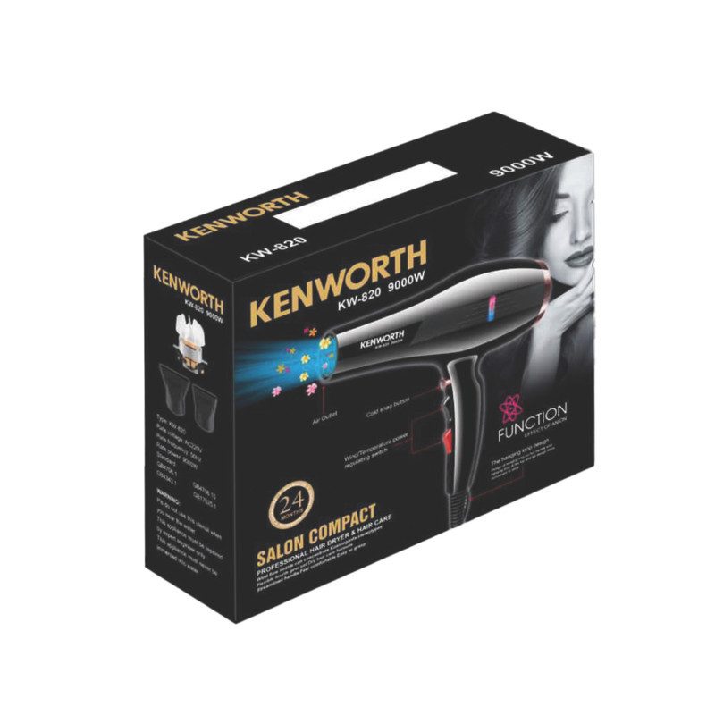 سشوار حرفه‌ای 2000 وات کنورث مدل KW-820، موتور AC، وزن 660 گرم، دارای سری متمرکز‌کننده باریک، متمرکز‌کننده پهن با ویژگی صاف‌کنندگی، با قابلیت باد سرد، فناوری تولید یون، قابلیت تنظیم دما