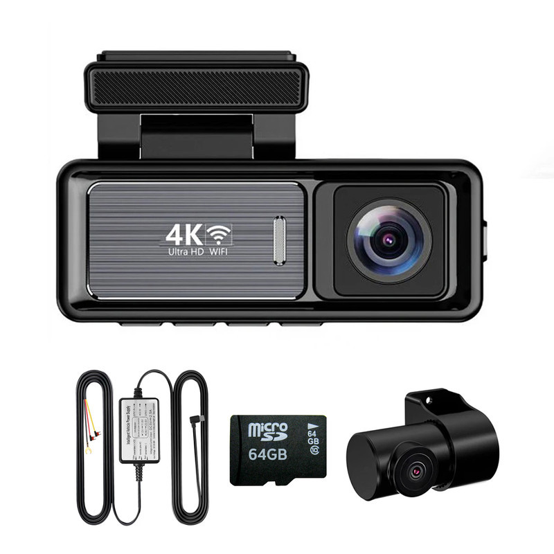 دوربین ثبت وقایع خودرو اتوویژن مدل M6 4K-WiFi به همراه دوربین عقب و رم 64 گیگ بایت و کیت برق مستقیم