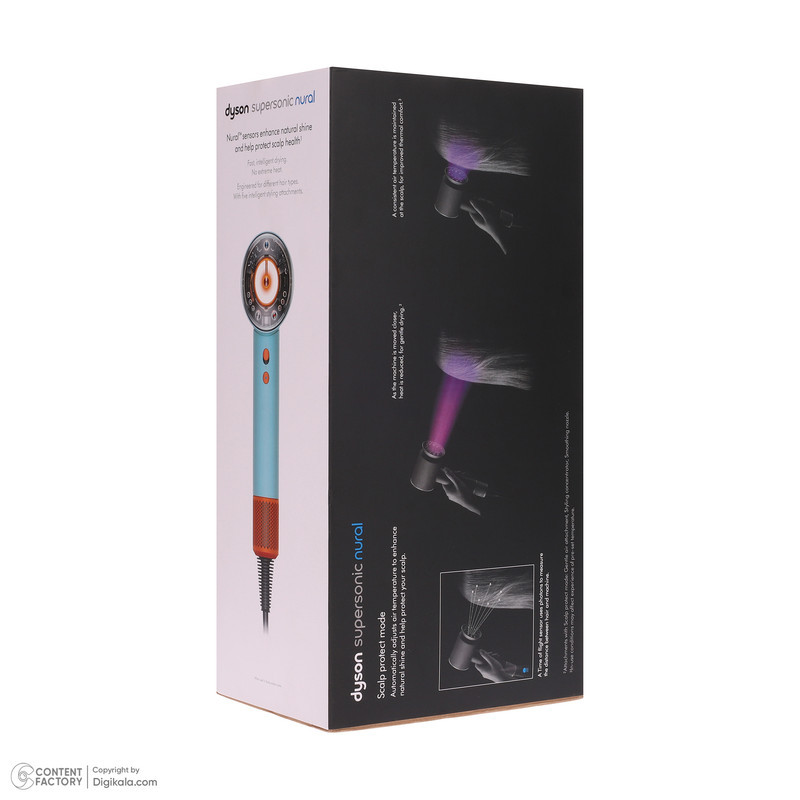 سشوار خانگی 220 وات دایسون مدل Supersonic hd16، موتور AC، وزن 2140 گرم، دارای سری برس‌دار گرد پهن، سری چرخشی، متمرکز‌کننده باریک، متمرکز‌کننده پهن، سری شانه‌دار با ویژگی صاف‌کنندگی، با قابلیت باد سرد