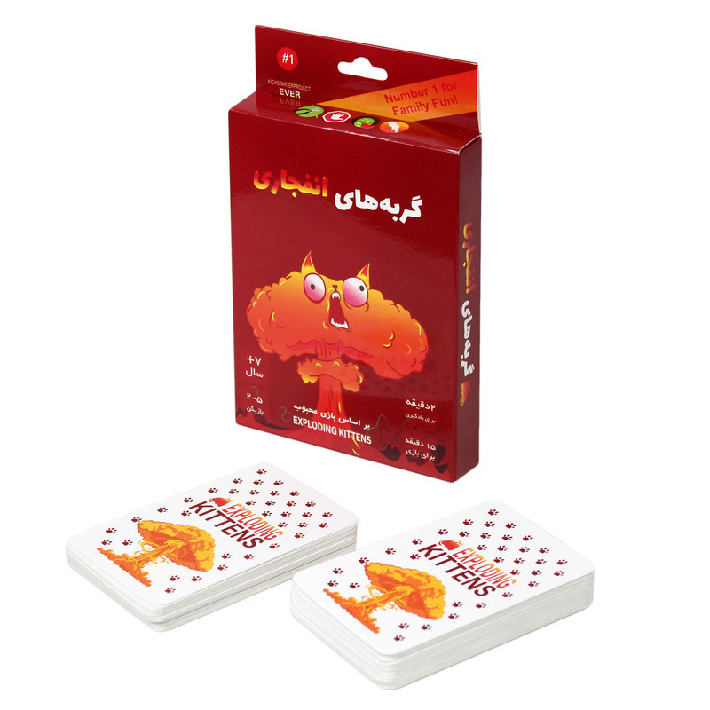 بازی فکری کارتی گربه‌های انفجاری مدل EXP KTN 02 مناسب 2 تا 5 نفر با ژانر استراتژی و رقابتی، رده سنی بالای 7 سال، مدت زمان کمتر از 30 دقیقه، شامل 56 کارت ویژه و 4 کارت راهنما