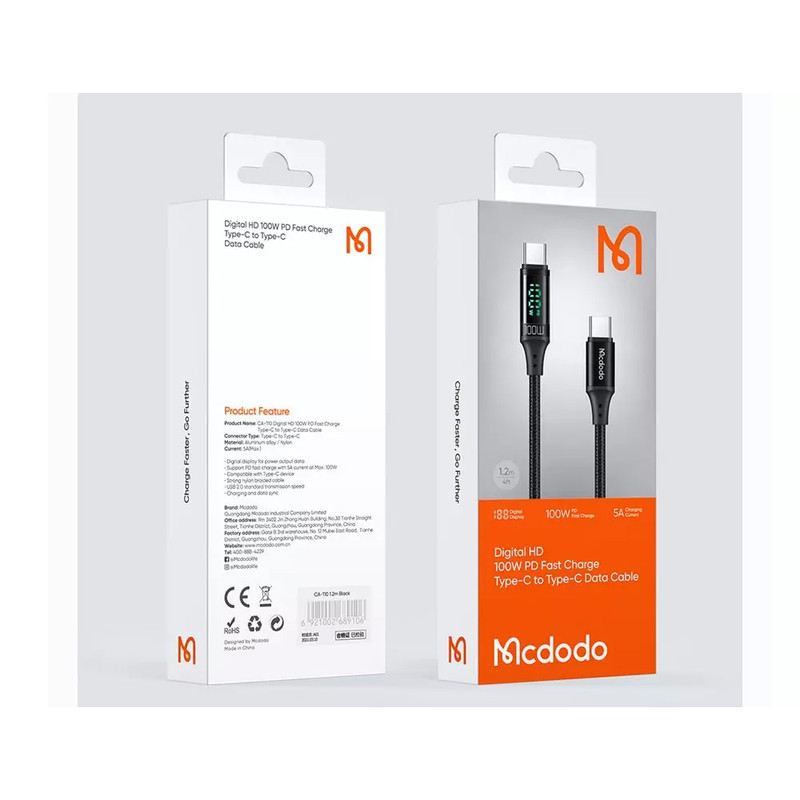کابل USB-C مک دودو مدل Digital HD 100W PD Fast Charge طول 1.2 متر