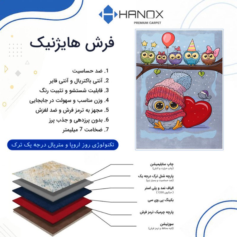 فرش ماشینی 1000 شانه زمینه آبی حاشیه قرمز هانوکس مدل کودک کد HAK.805.01