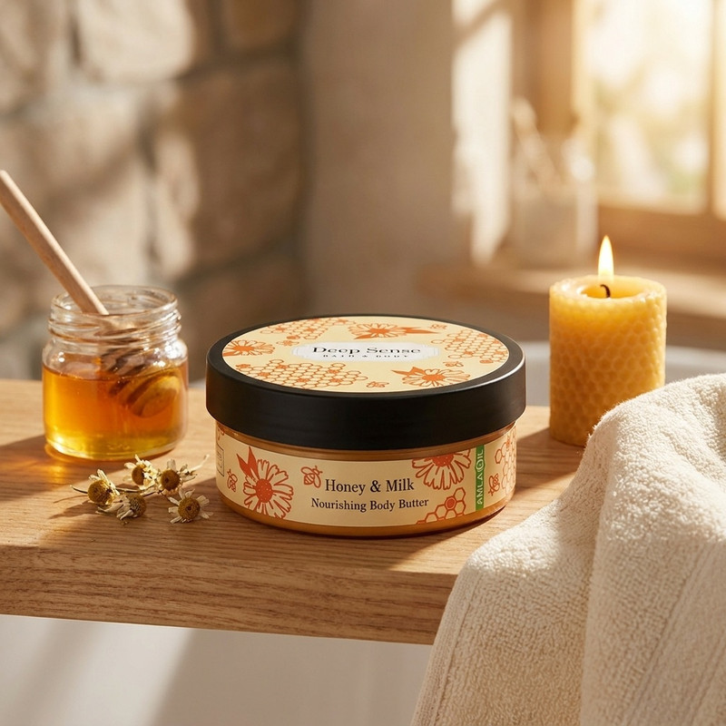 کره بدن دیپ سنس مدل Honey حجم 200 میلی‌لیتر مغذی و آبرسان قوی با کره شی، روغن نارگیل و آملا، ضد خشکی و نرم‌کننده پوست با جذب سریع و حفظ رطوبت طولانی‌مدت مناسب بانوان