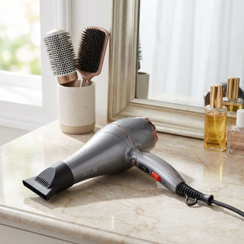 سشوار حرفه‌ای 2200 وات رومئو مدل RM-5858، موتور AC، وزن 450 گرم، المنت فلز، دارای سری متمرکز‌کننده باریک با ویژگی صاف‌کنندگی، حجم‌دهندگی، با قابلیت تنظیم دما، باد سرد