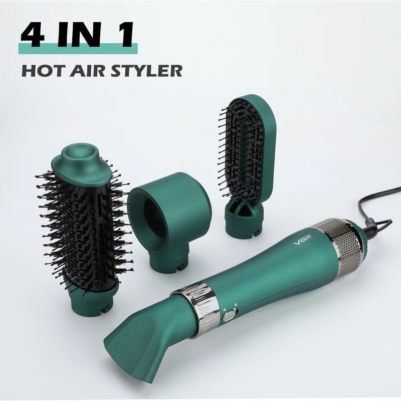 سشوار برس‌دار حالت‌دهنده 1000 وات وی جی ار مدل V-493، موتور DC، وزن 300 گرم، المنت سرامیک، دارای سری متمرکز‌کننده باریک، متمرکز‌کننده پهن، سری برس‌دار گرد پهن، سری برس‌دار تخت با ویژگی صاف‌کنندگی، حجم‌دهندگی، با قابلیت باد سرد