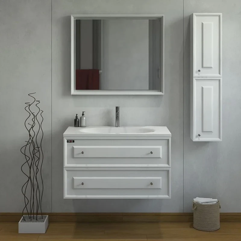 ست کابینت و روشویی دیواری آلکا مدل 3075 کلاسیک به همراه باکس و آینه