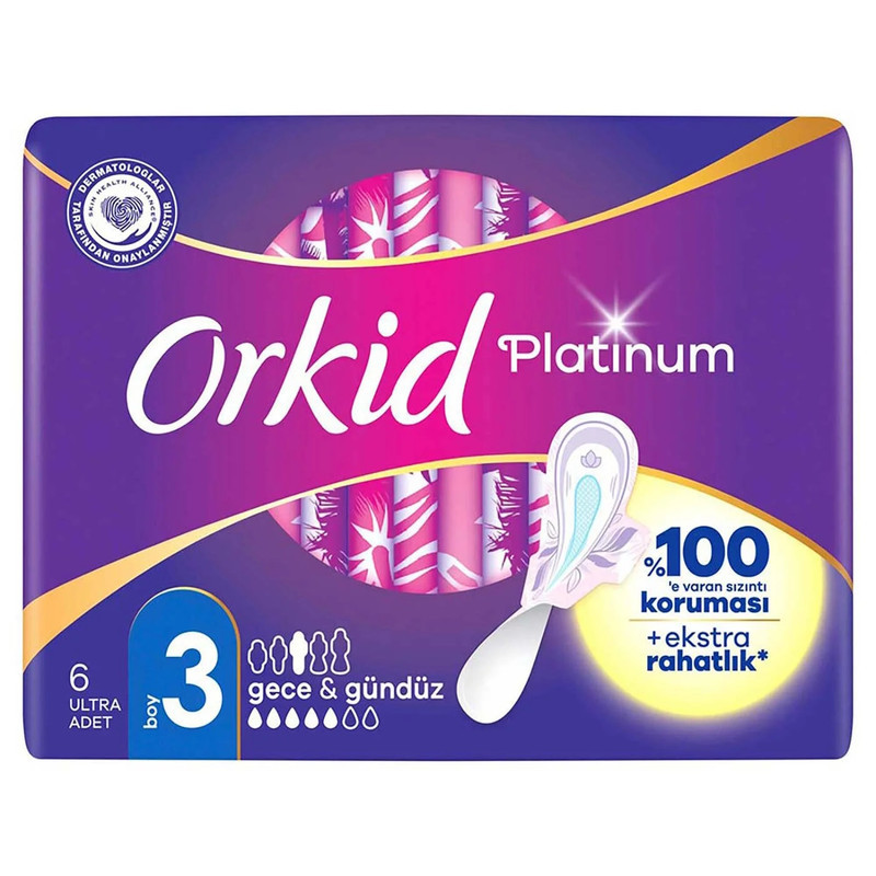 نوار بهداشتی بالدار مشبک نازک ضد حساسیت روز و شب اورکید مدل Platinum Gece & Gunduz با جذب بالا سایز 3 بسته 6 عددی