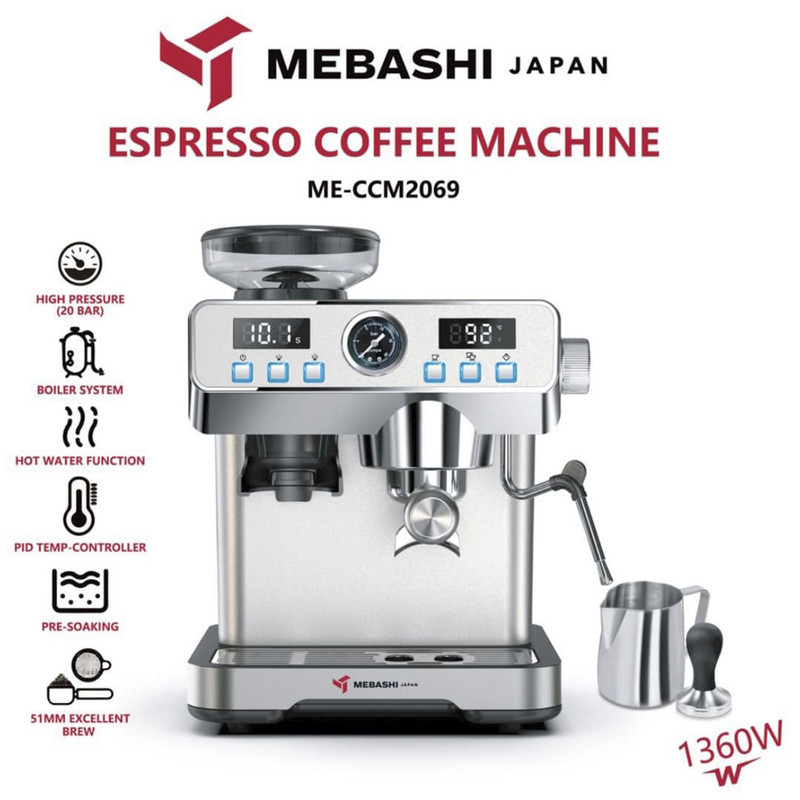 اسپرسوساز نیمه صنعتی مباشی مدل ME-CCM2069SS، 20 بار، 1360 وات، دارای آسیاب 24 حالته، مخزن دانه قهوه 120 گرمی و نمایشگر دیجیتال