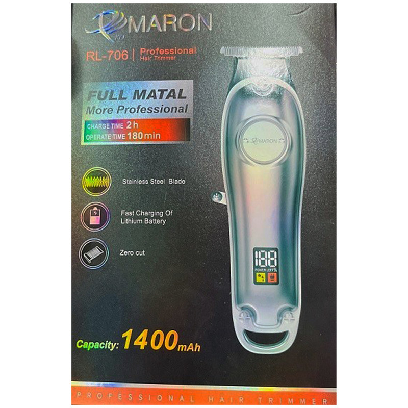 ماشین اصلاح موی سر و صورت پرومارون مدل RL706 با تیغه کروم و استیل ضدزنگ، باتری 600mAh، نمایشگر دیجیتال، قابلیت اصلاح صفر، شانه متحرک 2 تا 4 میلی‌متر، طراحی ارگونومیک و مقاوم در برابر ضربه، شارژ سریع 50 دقیقه‌ای و منبع انرژی باتری قابل شارژ