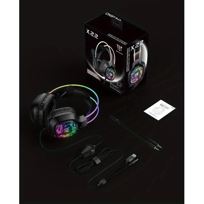 هدست گیمینگ Onikuma مدل X22 بدون قابلیت نویز کنسلینگ، درگاه USB، دارای نورپردازی RGB، امپدانس 32 اهم