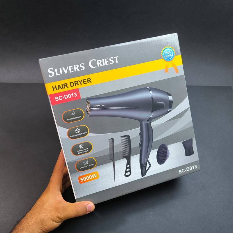 سشوار سیلور کرست مدل SC-D013 با موتور AC، توان 5000 وات، فناوری تولید یون، تنظیم دما و سرعت در 2 حالت و همراه با دیفیوزر و نازل متمرکزکننده