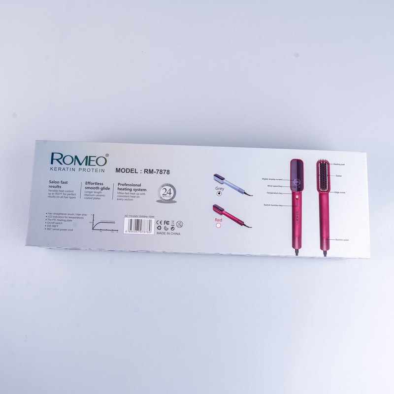 سشوار برس‌دار حالت‌دهنده 100 وات رومئو مدل RM-7878، موتور AC، وزن 390 گرم، المنت تیتانیوم، با ویژگی صاف‌کنندگی، با قابلیت تنظیم دما