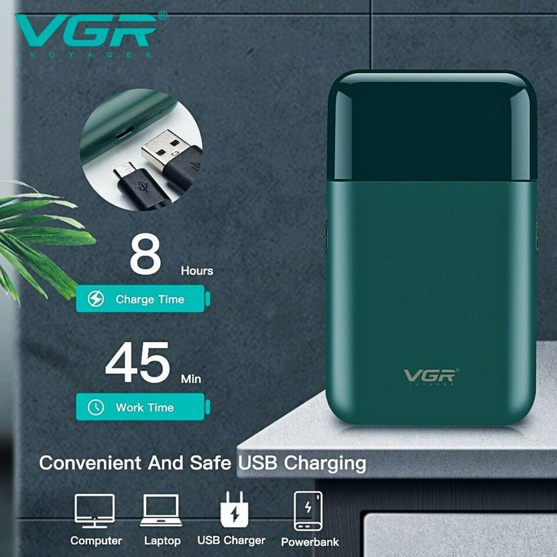 ماشین اصلاح موی صورت وی جی آر مدل V-390 با تیغه استیل ضد زنگ، تکنولوژی شیو فویلی، باتری قابل شارژ با 45 دقیقه زمان استفاده و طراحی ارگونومیک