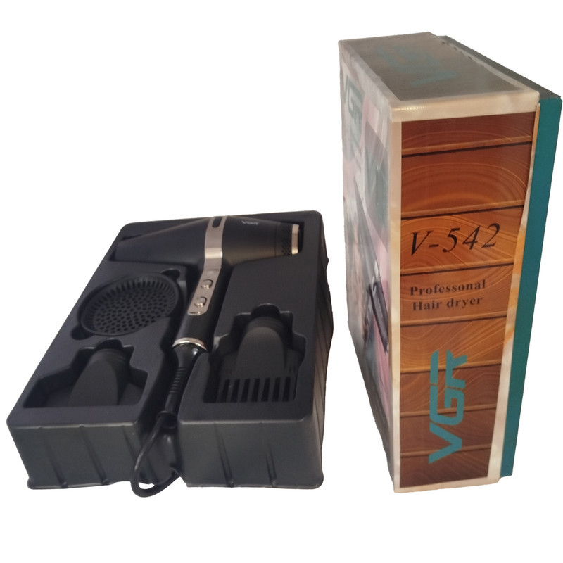 سشوار حرفه‌ای 2400 وات وی جی ار مدل 542، موتور AC، وزن 1200 گرم، المنت سرامیک تورمالین، دارای سری متمرکز‌کننده باریک، دیسپانسر، سری شانه‌دار با ویژگی صاف‌کنندگی، با قابلیت باد سرد