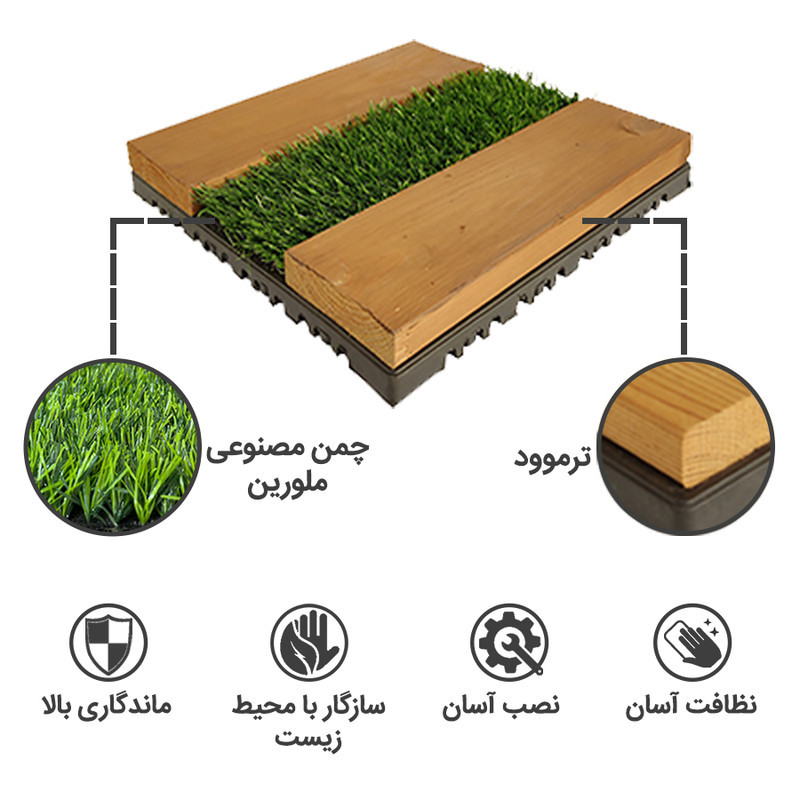 کفپوش مدل تایل ترمو چمن 3 ردیفه سایز 30x30 سانتی متر بسته 6 عددی