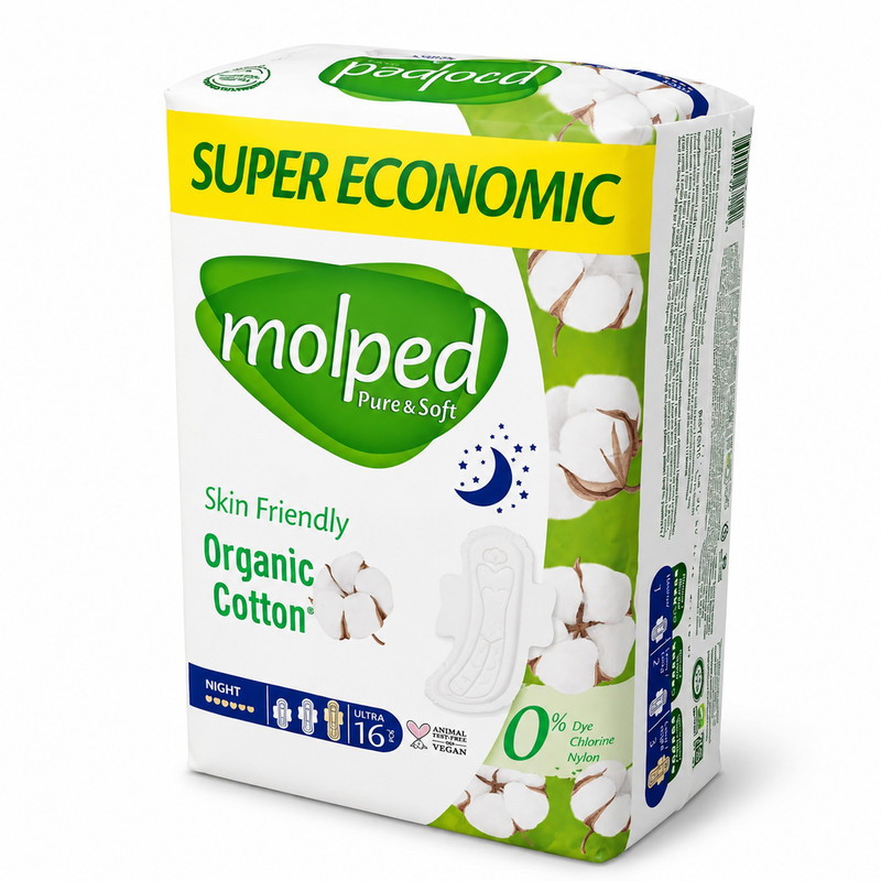 نوار بهداشتی بالدار مشبک نازک ضد حساسیت شب مولپد مدل Pure & Soft با جذب بالا سایز 3 بسته 16 عددی