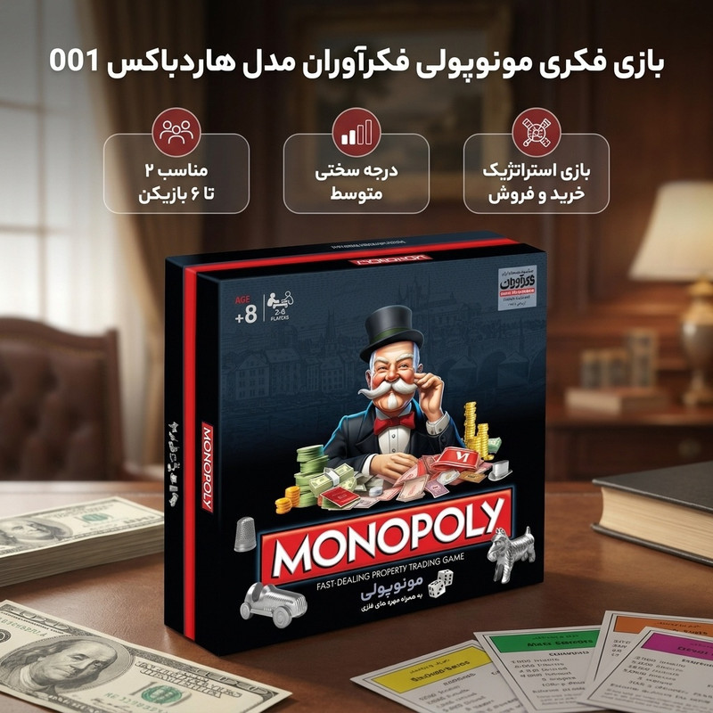 بازی فکری مونوپولی فکرآوران مدل هاردباکس 001 با مهره‌های فلزی، خرید و فروش استراتژیک، مناسب 2 تا 6 بازیکن، درجه سختی متوسط، تولید داخل کشور