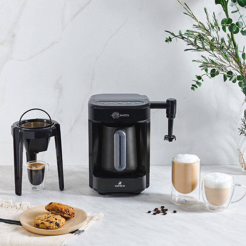 قهوه‌ساز کاراجا مدل Barista Türk، ظرفیت دم‌آوری پنج فنجان با فیلتر الیافی، دارای کف ساز شیر