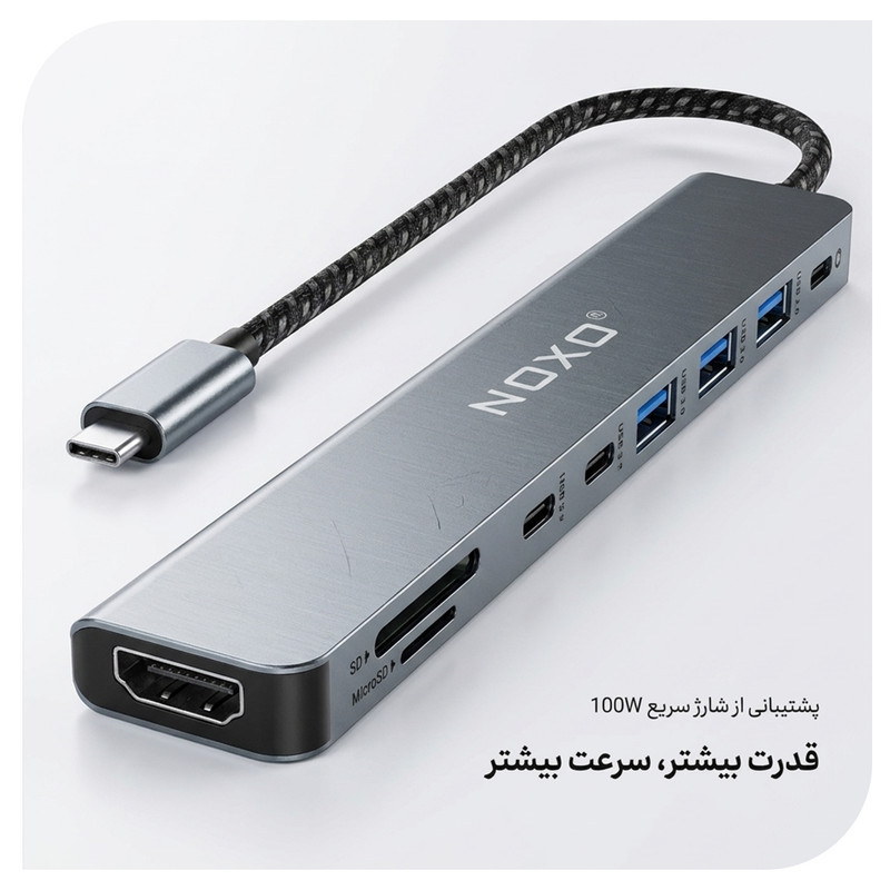 هاب 9 پورت USB-C نوکسو مدل HUB-N1 9in1 با پشتیبانی شارژ PD 100 وات، HDMI 4K، USB 3.0 و کارت‌خوان SDTF