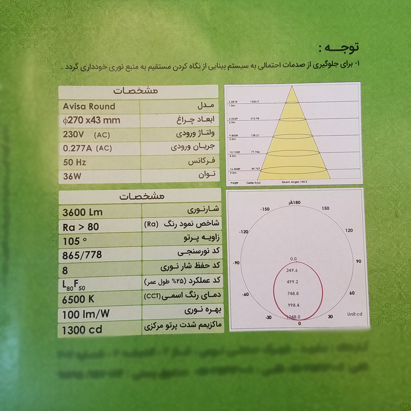 پنل ال ای دی 36 وات پارس شعاع توس مدل آویسا