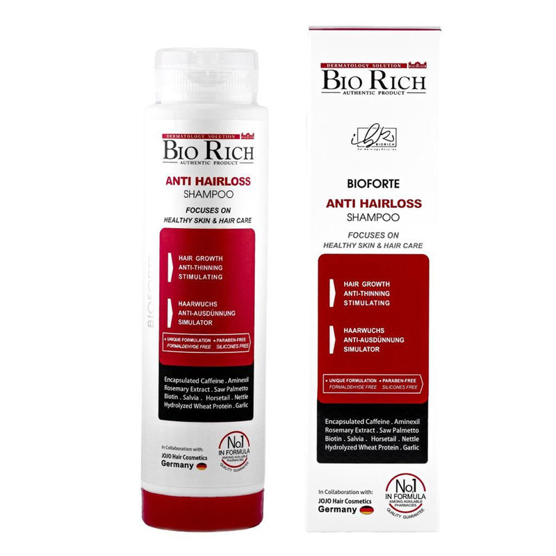 شامپو روزانه تقویت‌کننده و ضد ریزش مو بایوریچ مخصوص انواع مو، حجم 250 میلی‌لیتر مدل ANTI HAIR LOSS، حاوی کراتین، بدون سولفات، حجم‌دهنده و ترمیم‌کننده با عصاره مریم گلی، گزنه و، رزماری