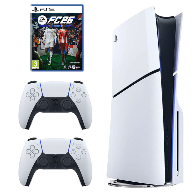 کنسول بازی سونی مدل PlayStation 5 Slim ریجن اروپا سری 2016A نسخه دیسک‌خور ظرفیت یک ترابایت به همراه دسته اضافی و بازی EA SPORTS FC 26