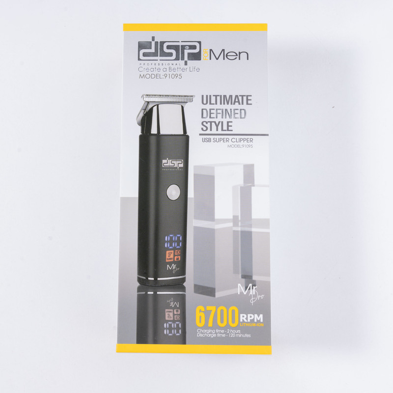 ماشین اصلاح موی سر و صورت دی اس پی مدل 91095 با تیغه استیل ضدزنگ، موتور 6700 دور در دقیقه، باتری لیتیومی 600mAh، شارژ و استفاده 120 دقیقه‌ای، صفحه نمایش شارژ و عملکرد توربو همراه با 3 شانه 1.5، 3 و 4.5 میلی‌متری