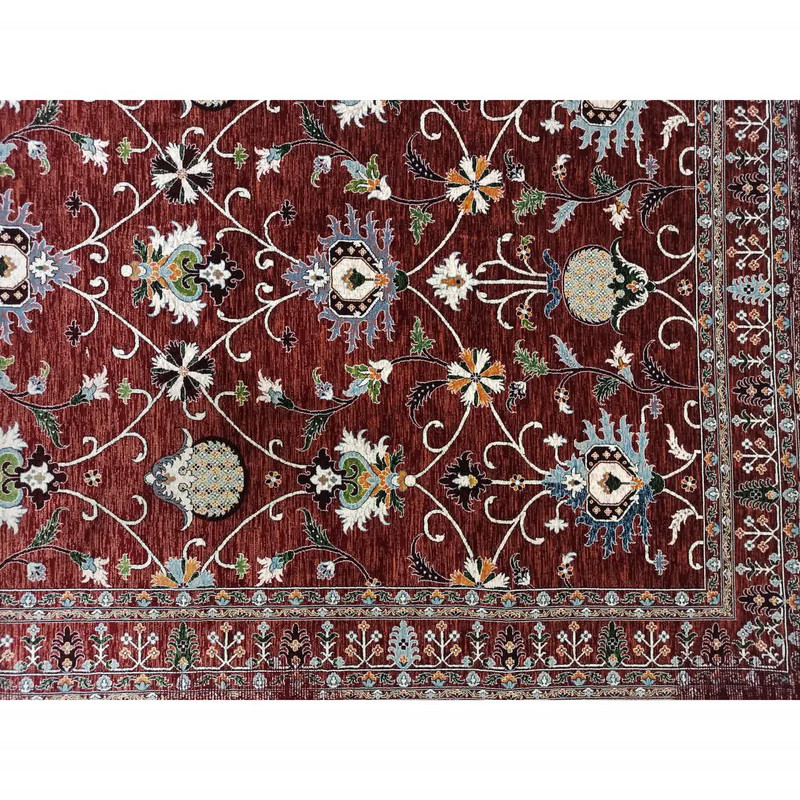 فرش ماشینی 1200 شانه زمینه قرمز لاکی حاشیه الوان مدل وینتیج طرح سلطان آباد