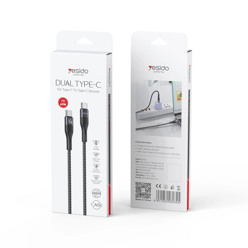 کابل USB-C یسیدو مدل DUAL TYPE-C CA156 60W طول 1 متر