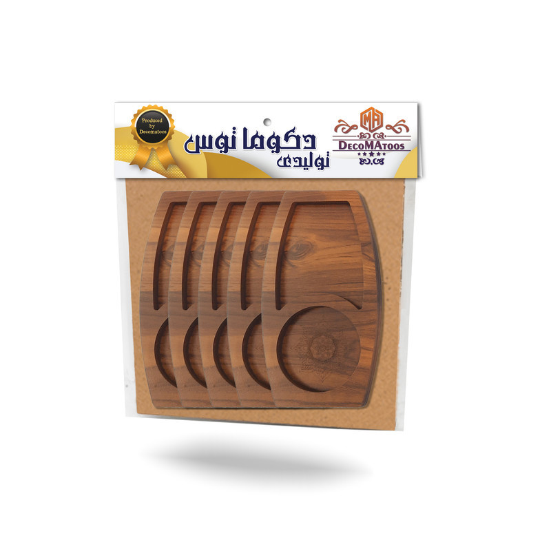 تخته سرو دکوماتوس مدل رز کد ZL2 از جنس MDF، قطر 9 میلی‌متر، مناسب سرو قهوه و چای همراه کیک و شیرینی، شستشو با دست، بسته 5 عددی